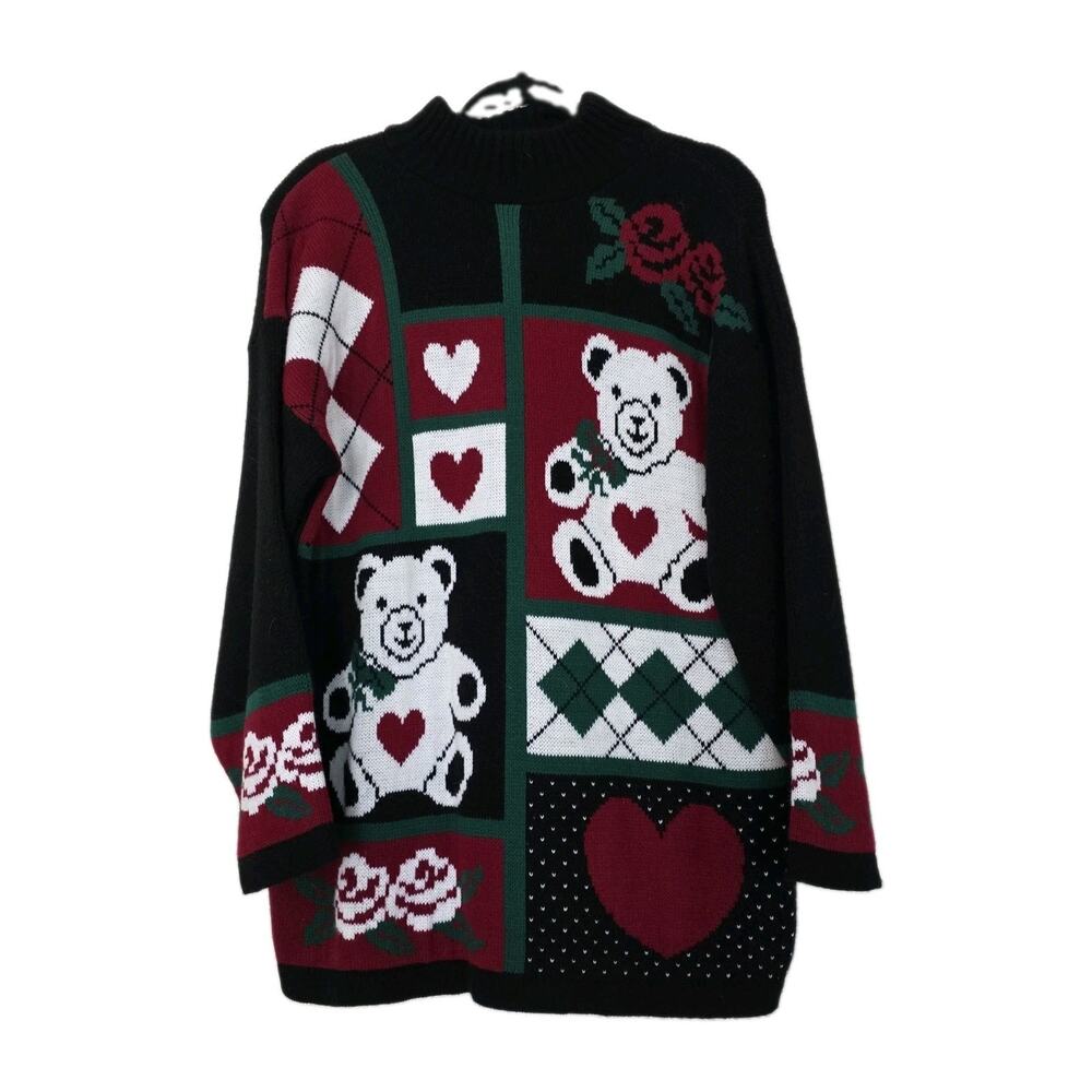 Vintage Teddy Bear Holiday Sweater Womens L Black Green Cottagecore Grandma